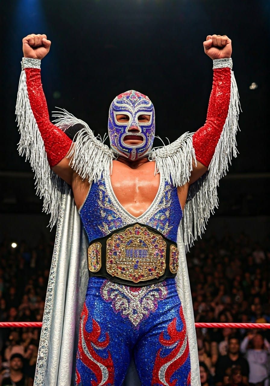Vibrant Luchador Raises Championship Belt in Victory
