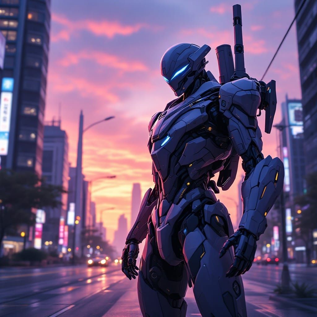 Futuristic Mecha in Twilight City: Anime-Inspired Art
