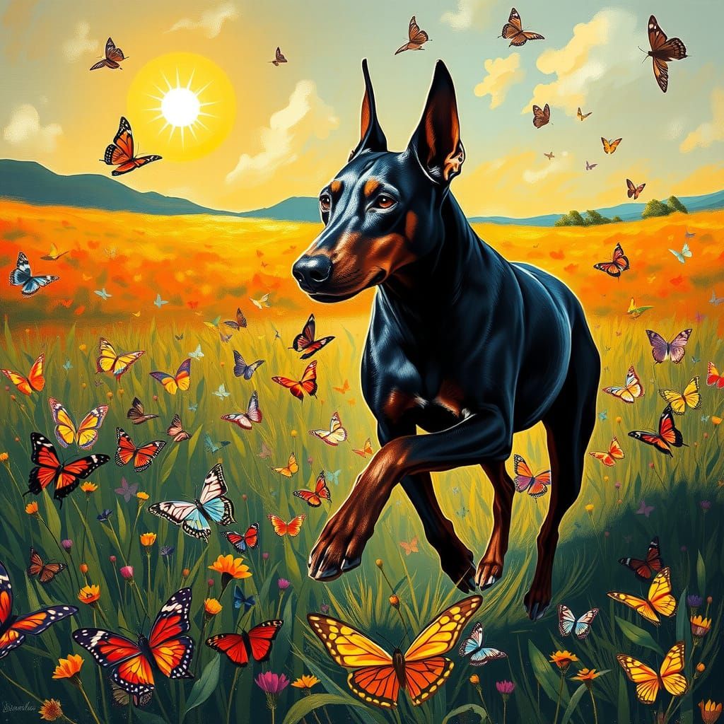 Sleek Doberman Chases Vibrant Butterflies in Sun-Drenched Fi...