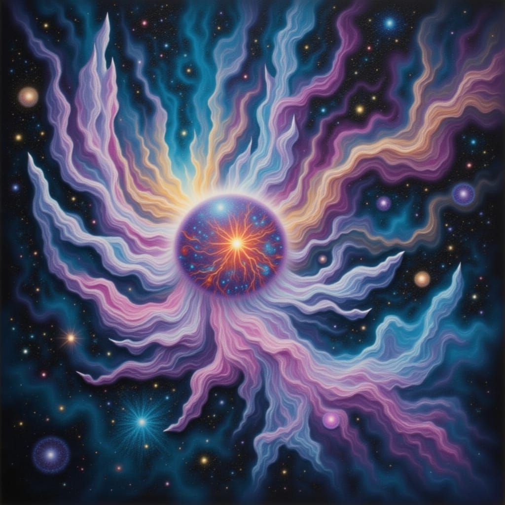 Cosmic Crystalline Being Shields Planet in Surreal Art