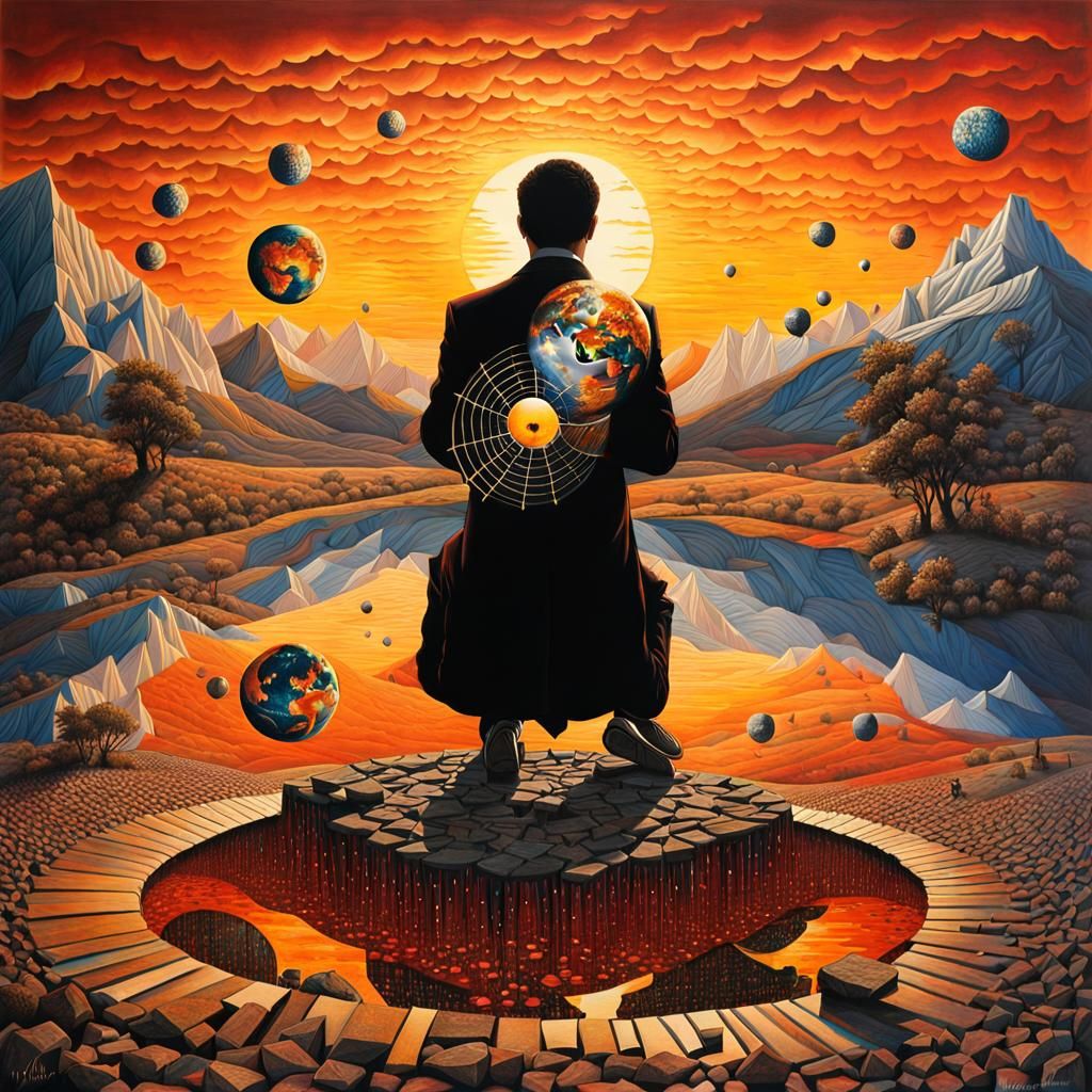 Surreal Drawing: Wounded World with Glowing Creatures