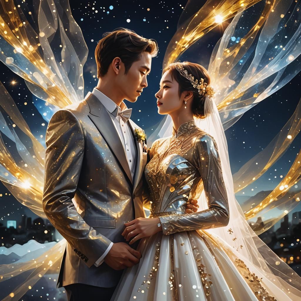 Elegant Bride and Husband in Nebula Night