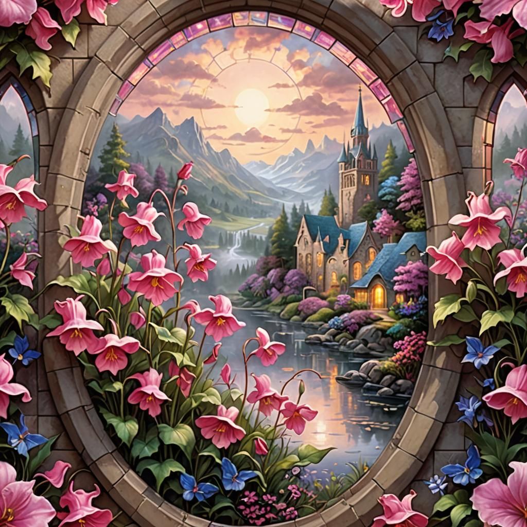 Pink Canterbury Bells in Stained Glass Fantasy