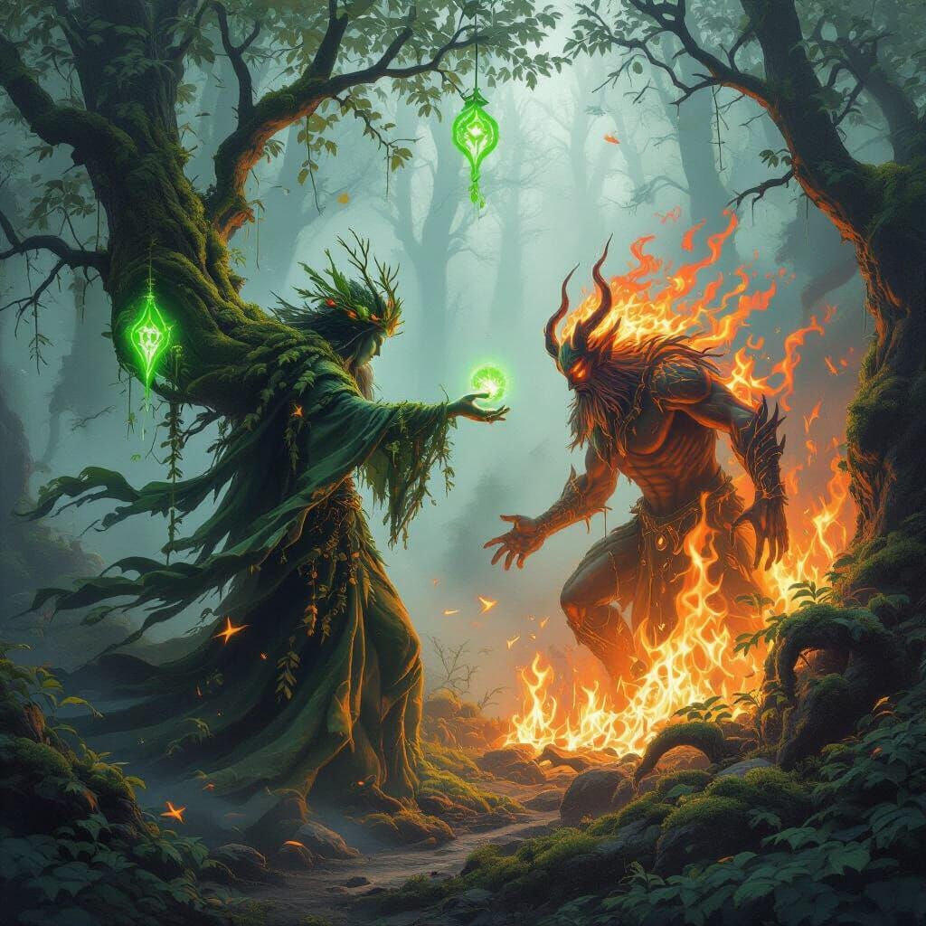 Forest Spirit vs Fire Demon in Dreamlike Battle