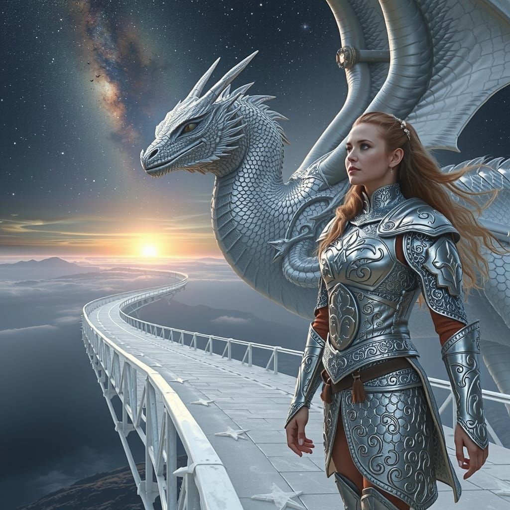 Fantasy Warrior and Dragon on Celestial Bridge at Dawn