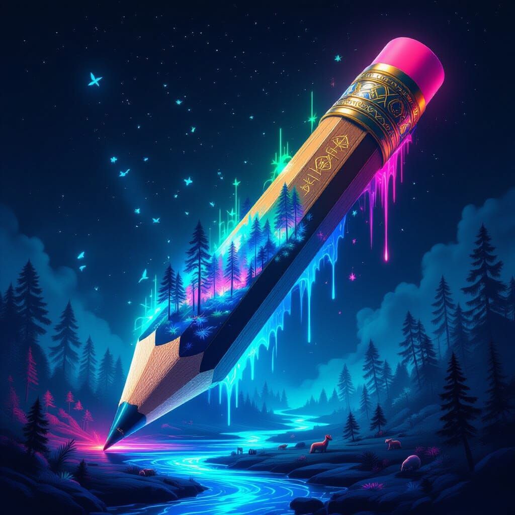 Ancient Pencil Transforms Into Luminous Fantasy Forest