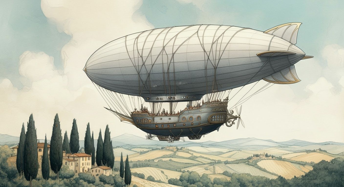 Silver Airship over Italy, Arthur Rackham Style