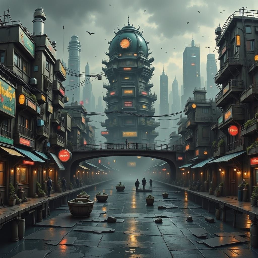 Flooded Dystopian Cityscape in Apocalyptic Style
