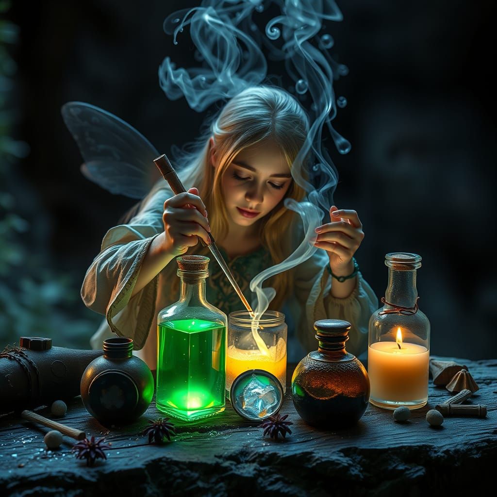 Enchanting Fairy Crafting Potions in Magical Forest