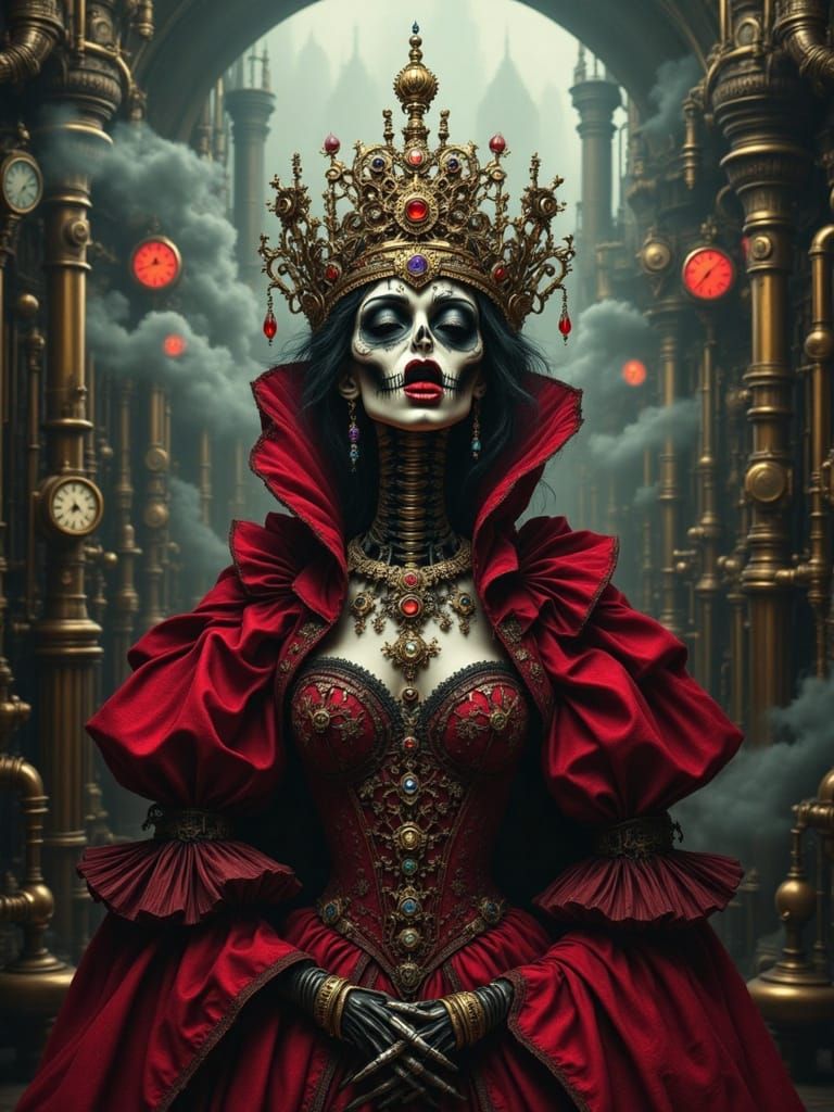 Skeletal Queen in Steampunk Gothic Cityscape