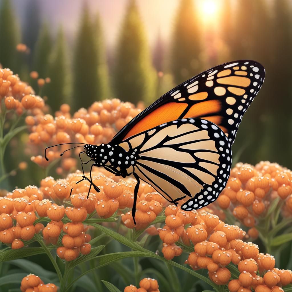 Monarch Butterfly in Dew-Kissed Milkweed Garden