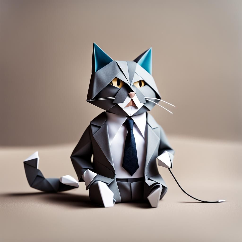 Cat in Suit Talking on Phone: Origami Style