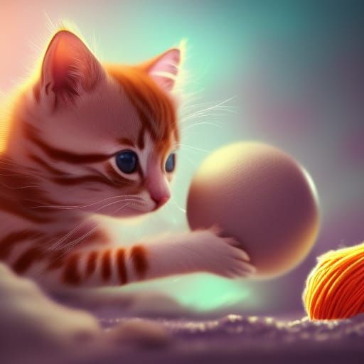 a cute tiny kitten playing with a ball of yarn