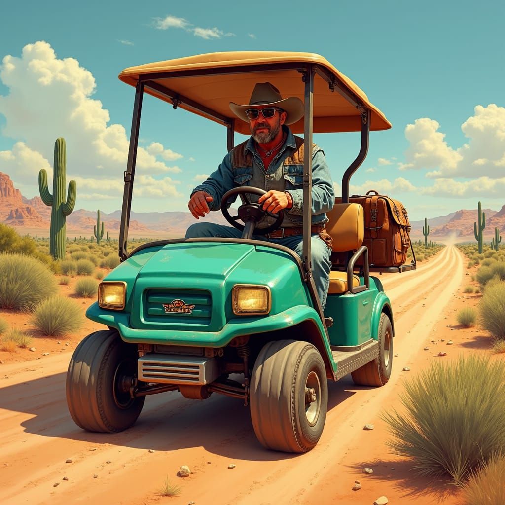 Cowboy Golf Cart Ride in Western Art Style