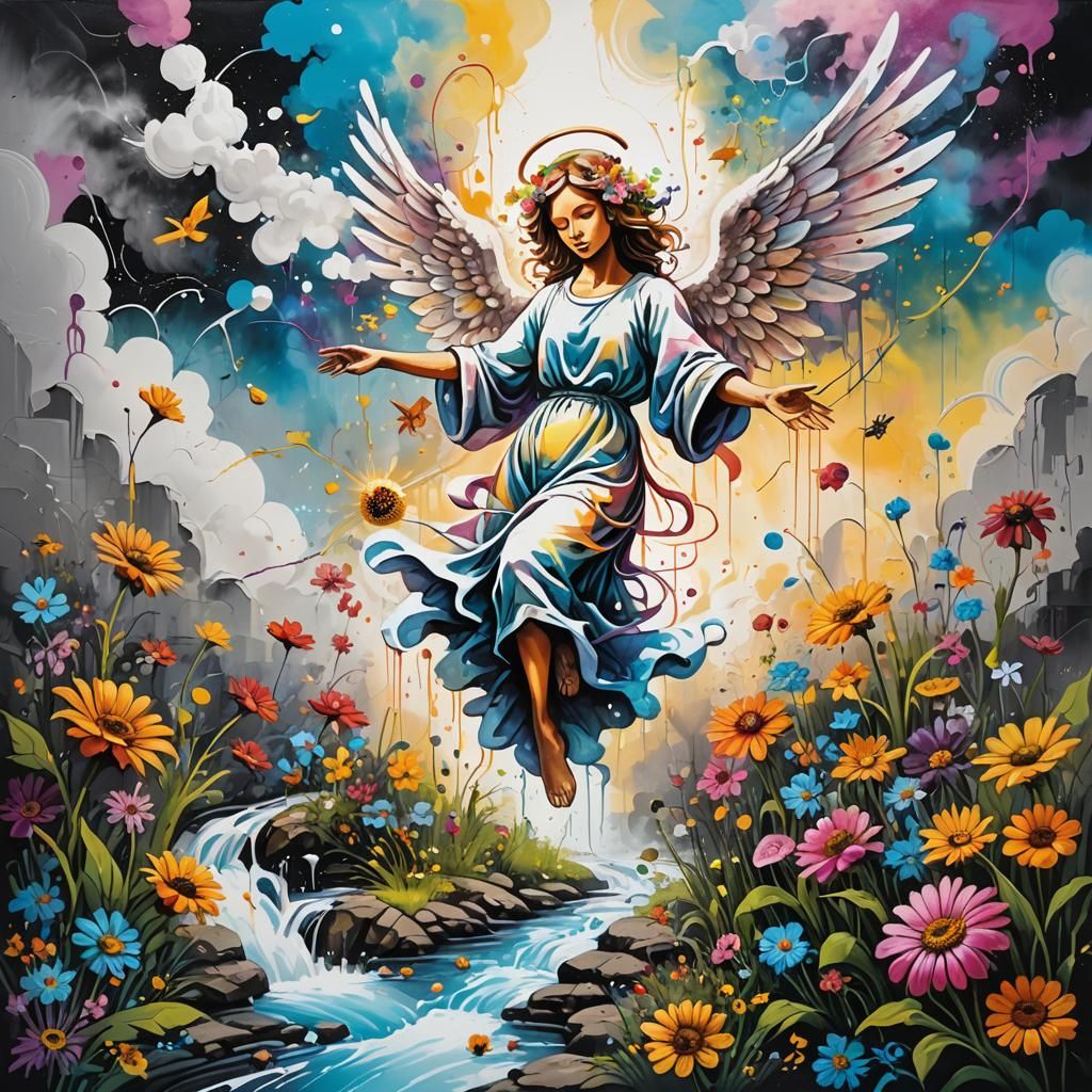 Angel in Graffiti Art Landscape with Rivers