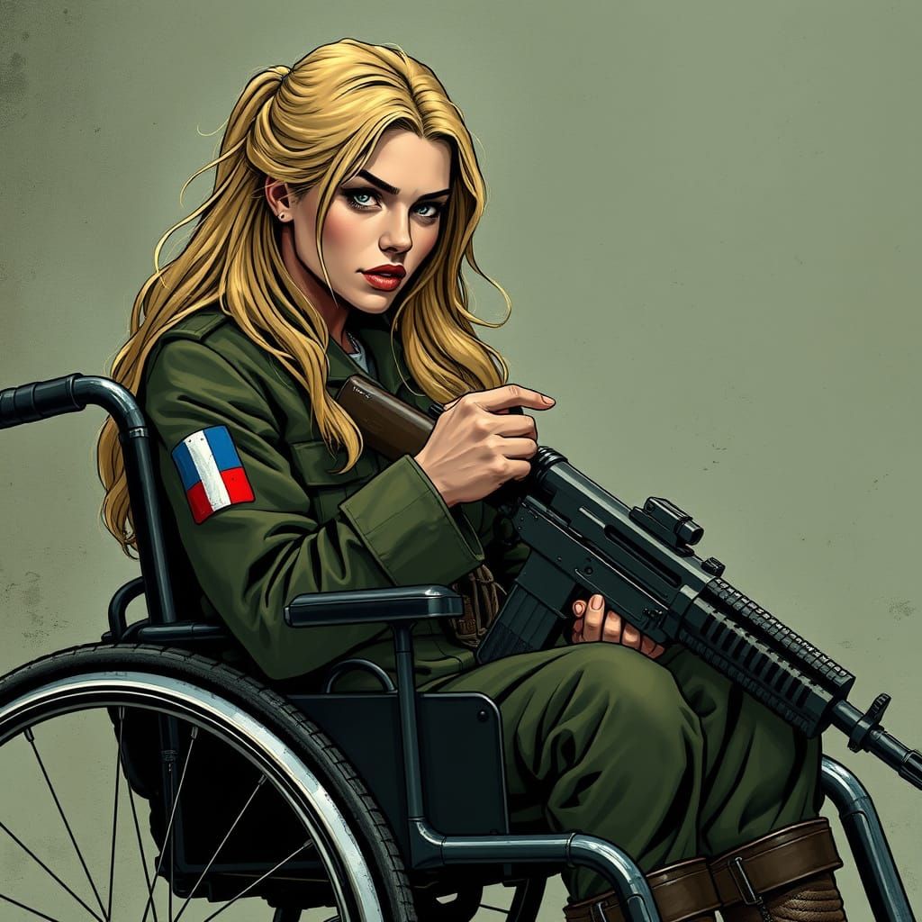 French Female Soldier in Manual Wheelchair, Combat Focus