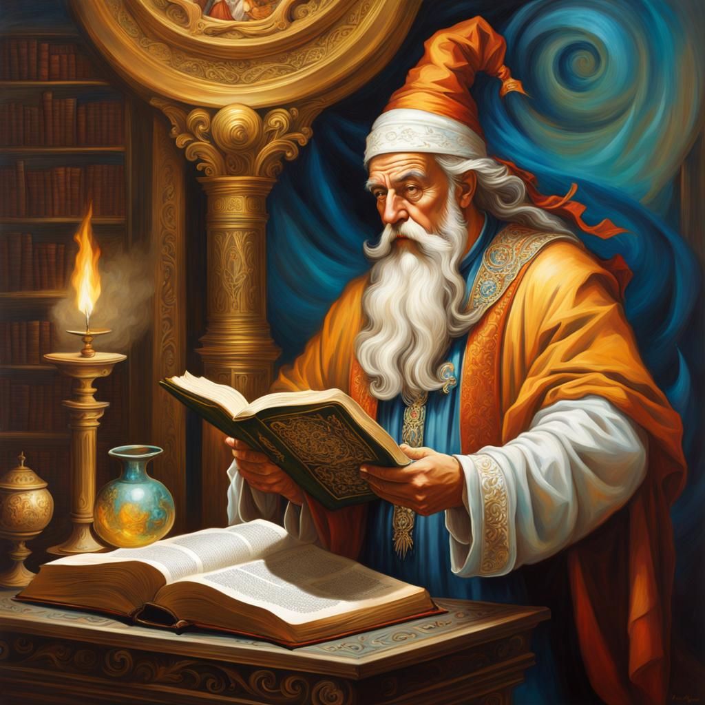 Baroque-inspired painting with a wise and ancient sorcerer, featuring a mystical book, painted in the style of a contemp...