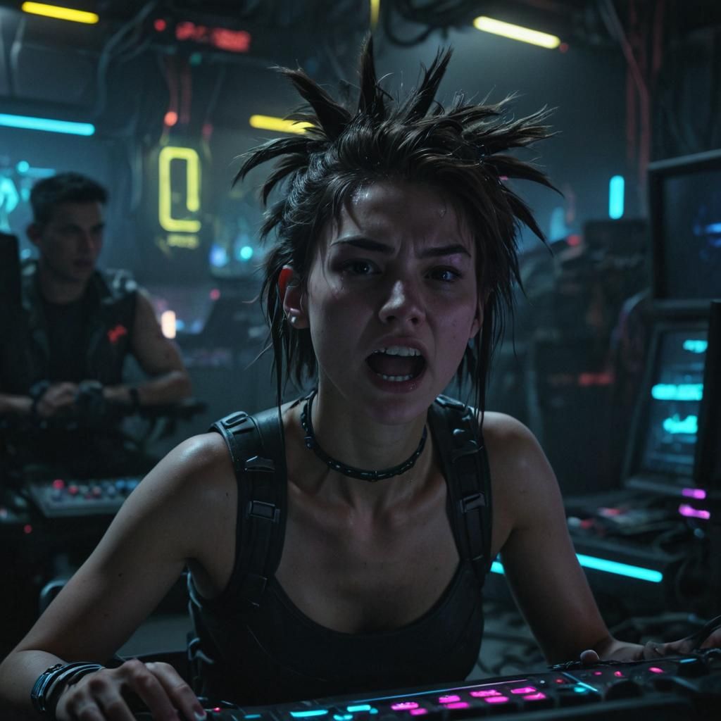 Frazzled Gamer in Cyberpunk Film Still