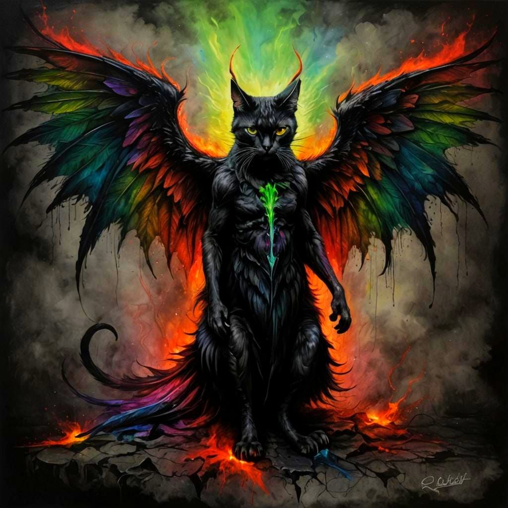 Gothic Rainbow Cat in Charcoal Style