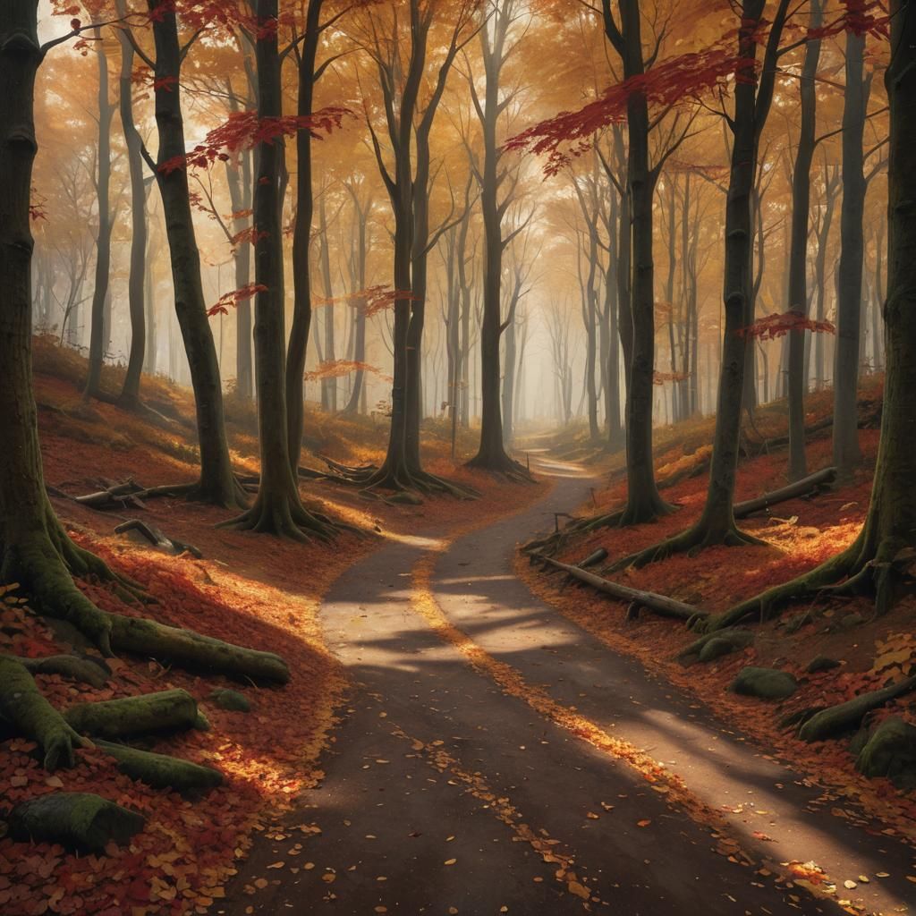 Enchanted Autumn Forest Path in Sunlight