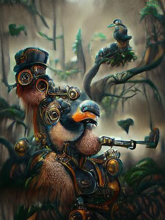 Steampunk Dodo Soldier in Maximalist Forest