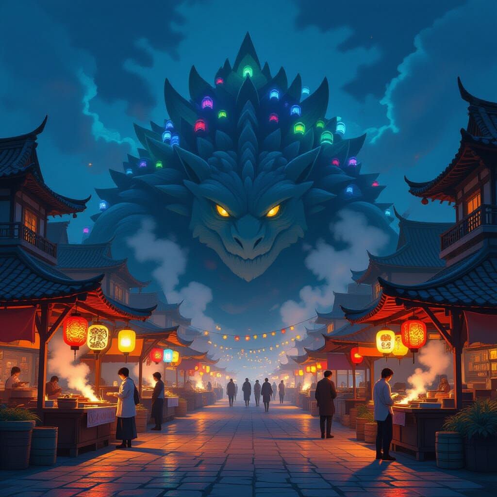 Vibrant Night Market on a Colossal Beast