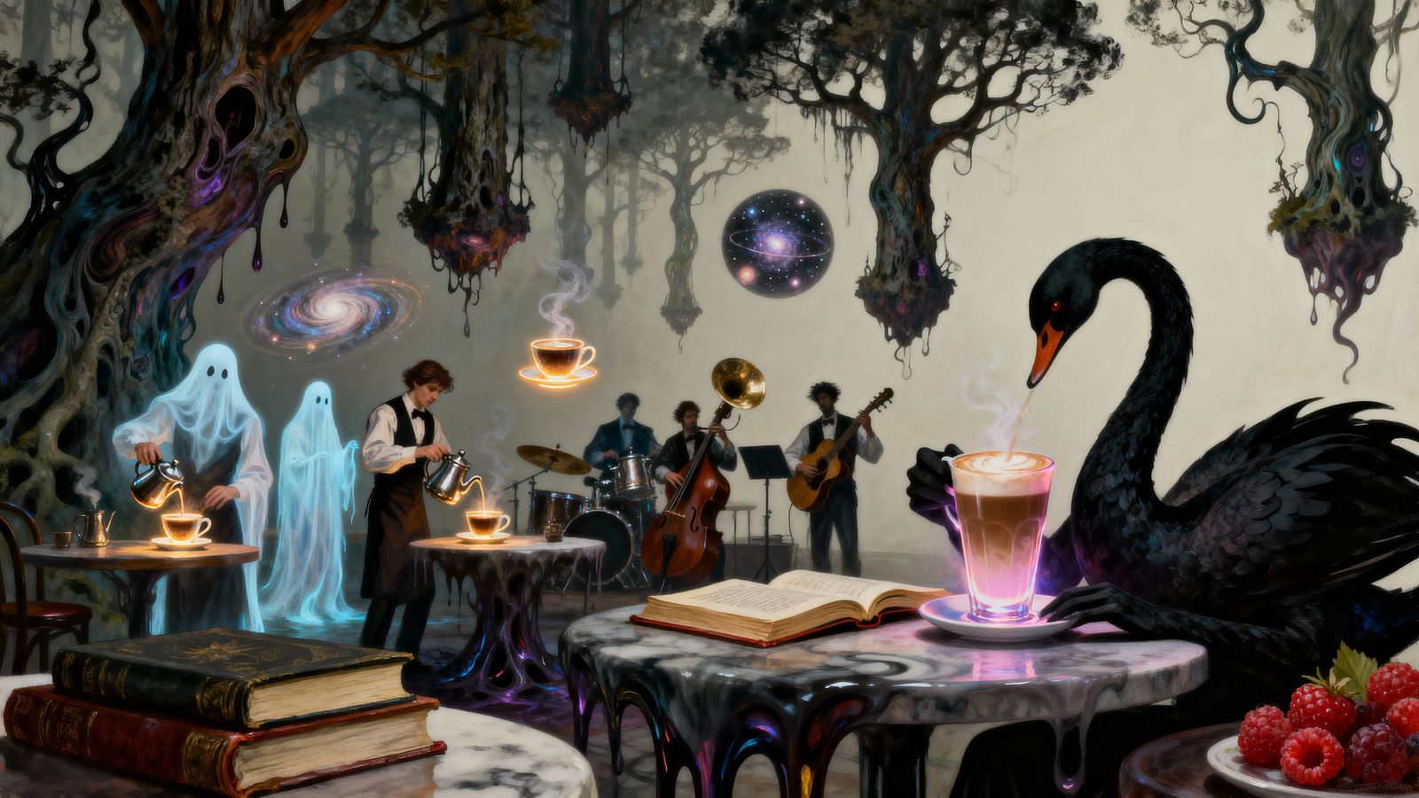 The Black Swan's Brew: Haunted Coffeehouse in Fractal Forest