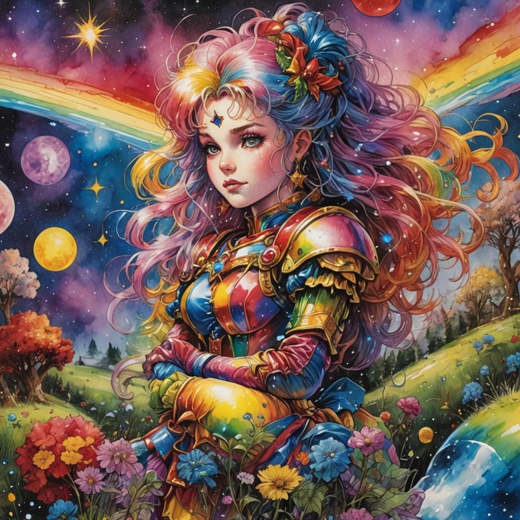 Rainbow Brite in Starlight Meadow, Alcohol Ink Art
