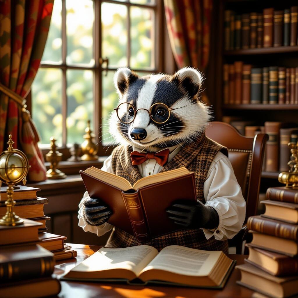 Whimsical Badger Reads in Cozy Study, Beatrix Potter Style