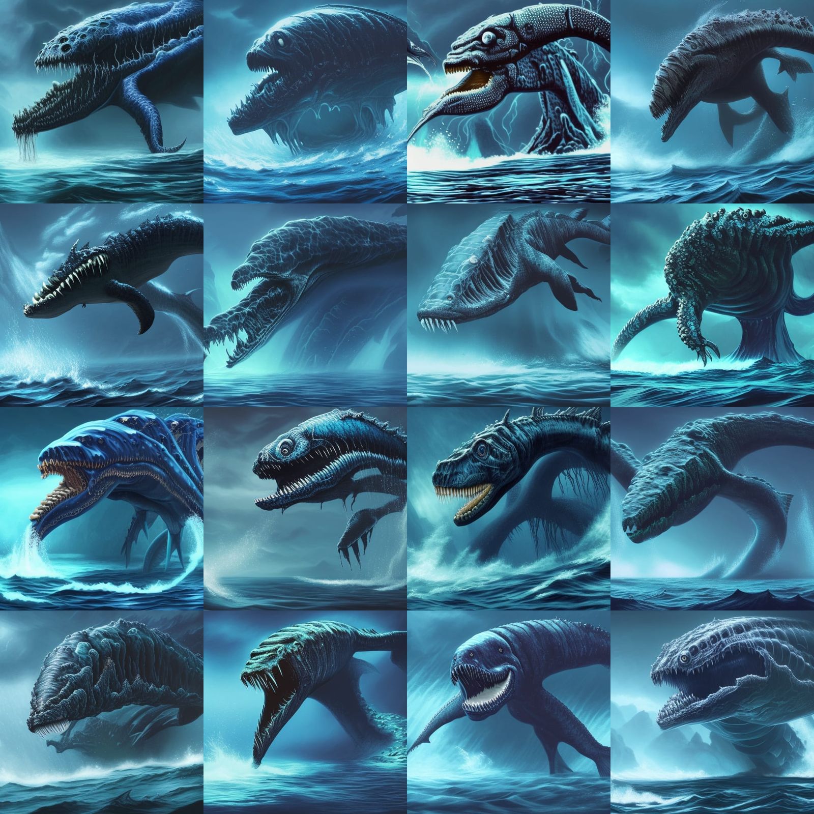 Giant aquatic sea monster thrashing swimming rising out of the water. Dark blue, scary horror" "detailed matte painting,...