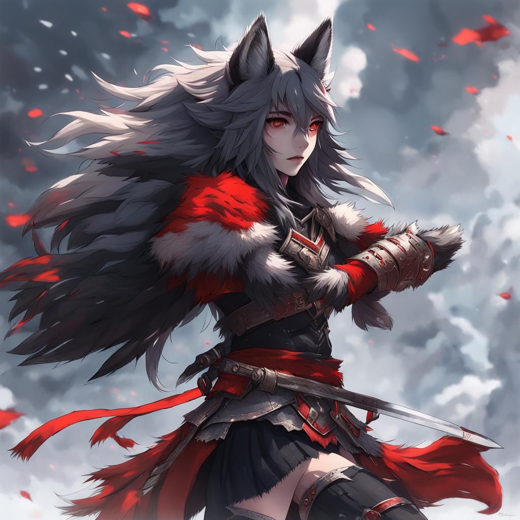 Wolf Girl Warrior in Detailed Anime Style