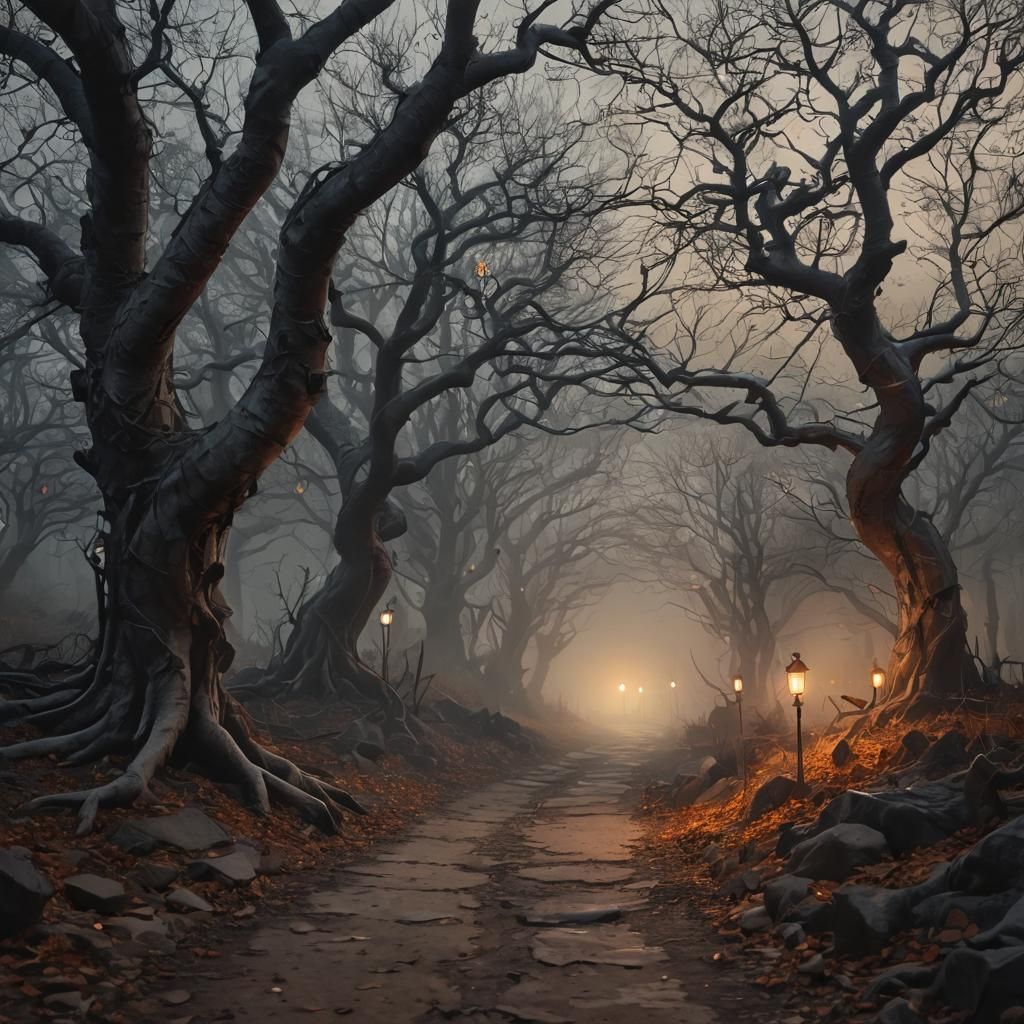 Dark Fantasy Forest Path with Bioluminescent Mushrooms