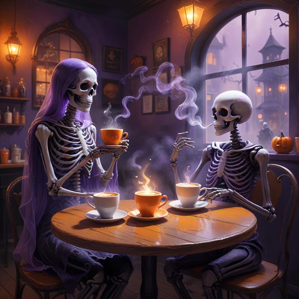 Cute Ghost and Skeleton Share Coffee in Goth Cafe