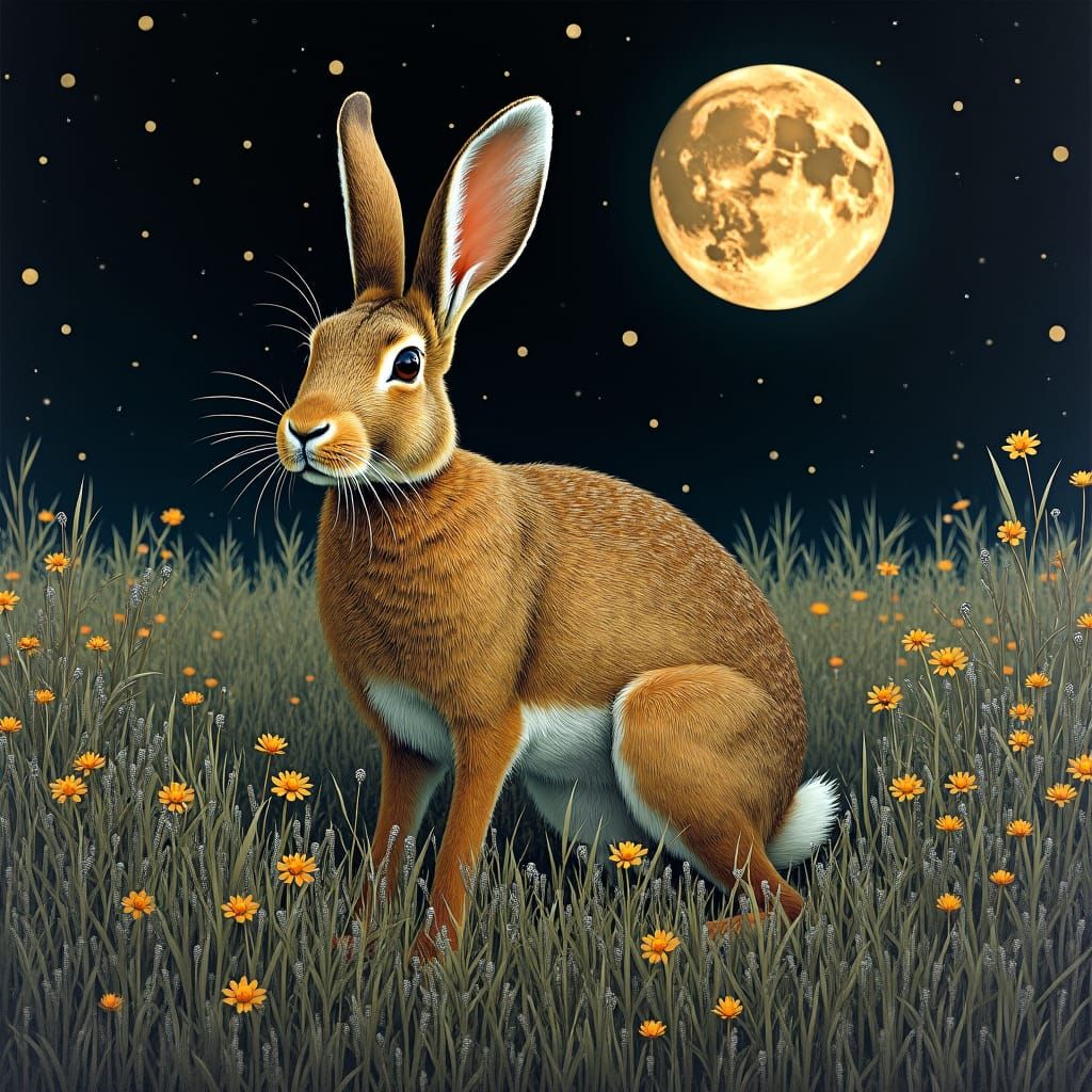 Mystical Hare Under Moonlight: Art Nouveau Style