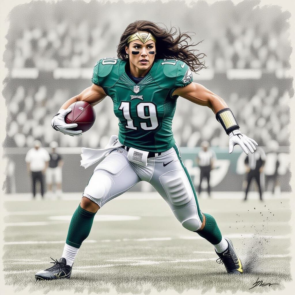 Wonder Woman in Eagles Uniform Playing NFL Football