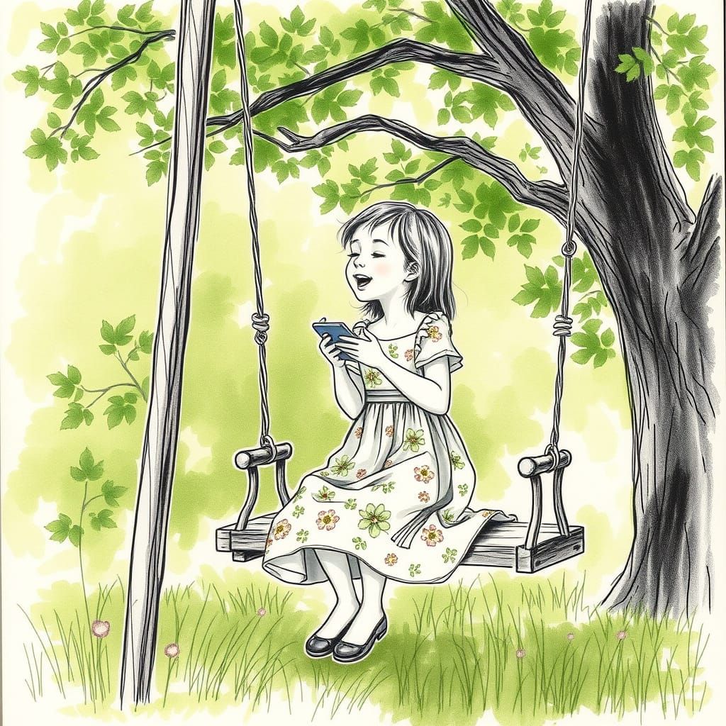 Young Girl Sings on a Wooden Swing in a Delicate Charcoal Sk...