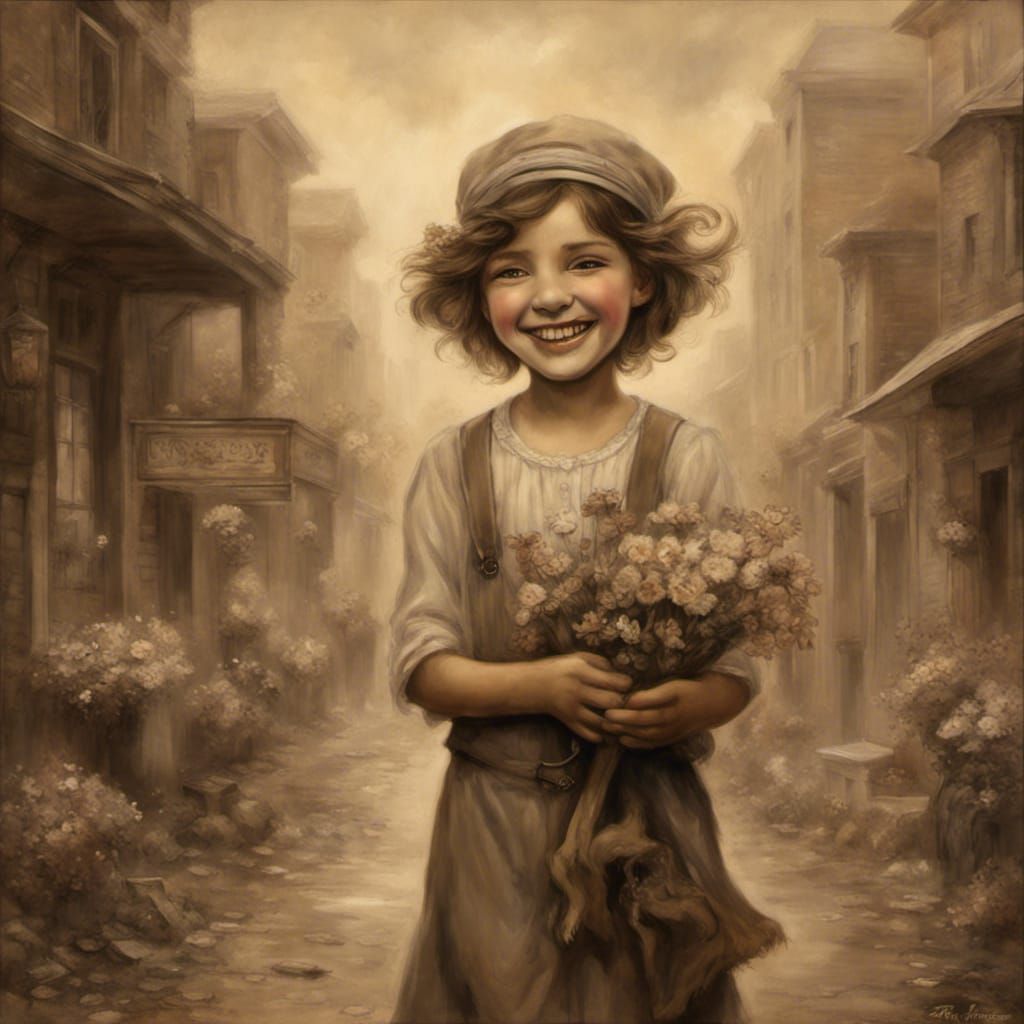 Laughing Street Urchin with Flowers in Sepia Tones