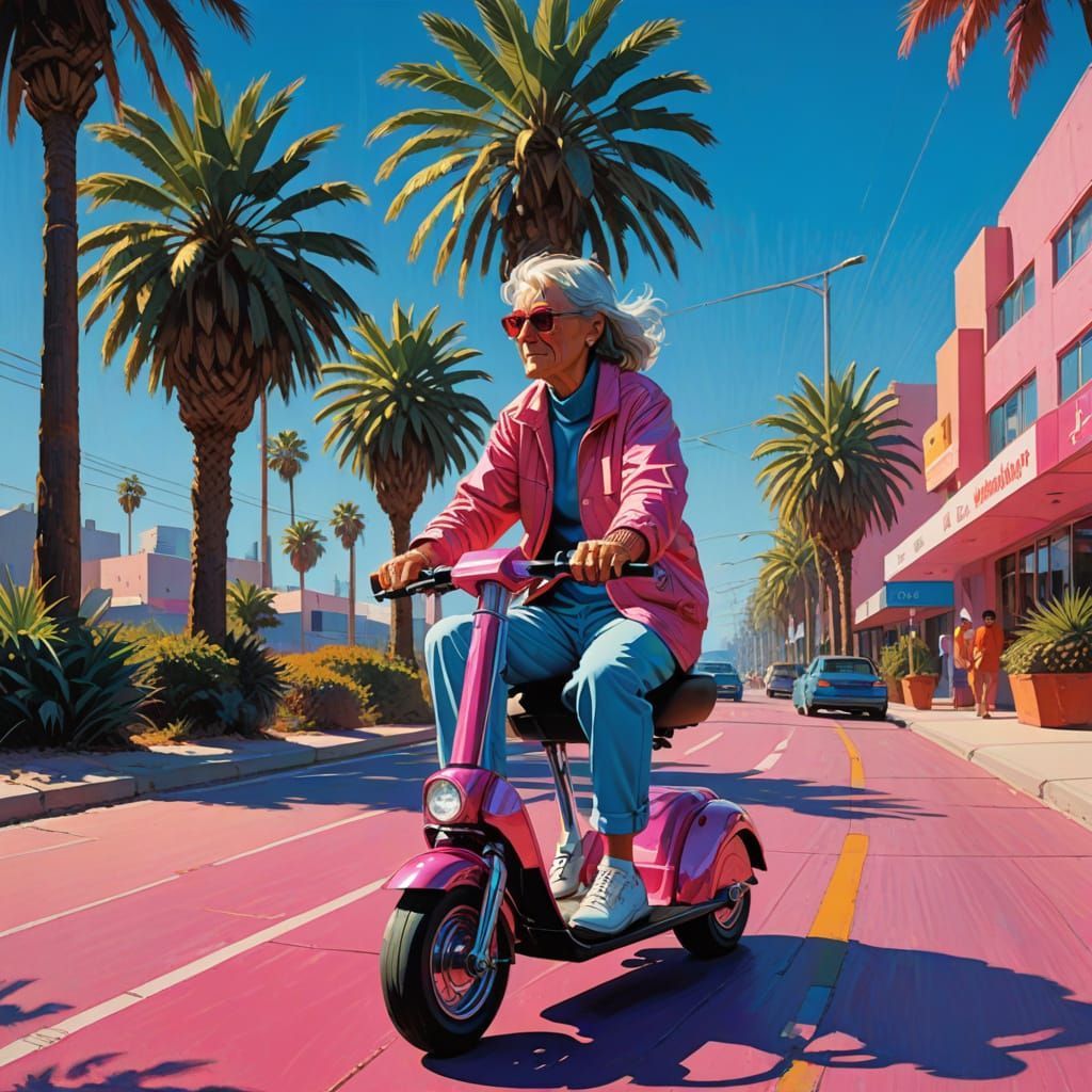 Senior Woman Rides Hot-Pink Scooter in Hyperrealistic Style