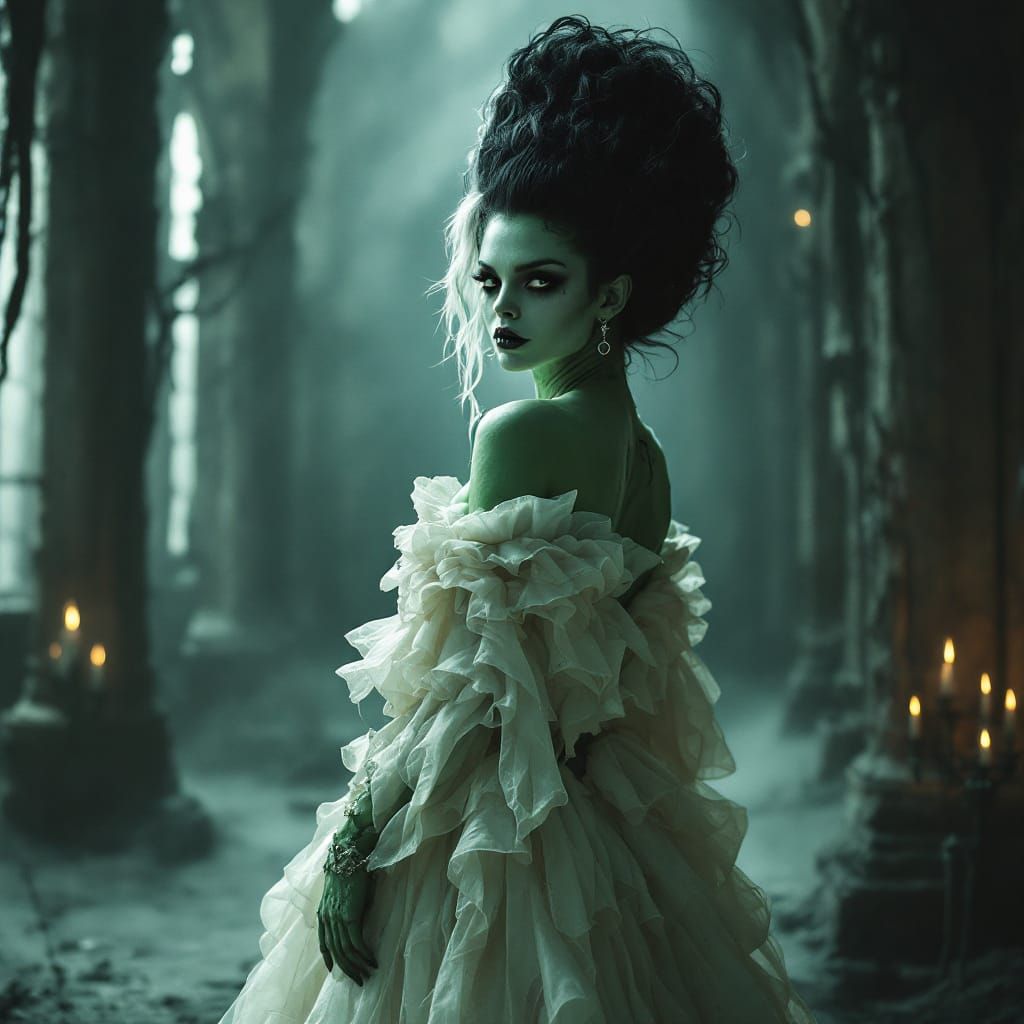 Eerie Gothic Bride of Frankenstein in Dim Castle