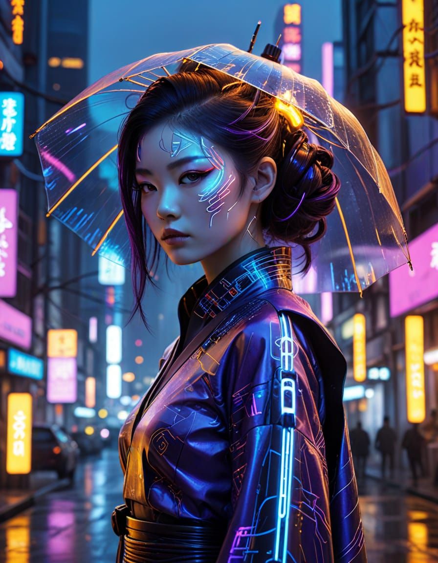 Cybernetic Geisha Illuminates Dark Future Cityscape