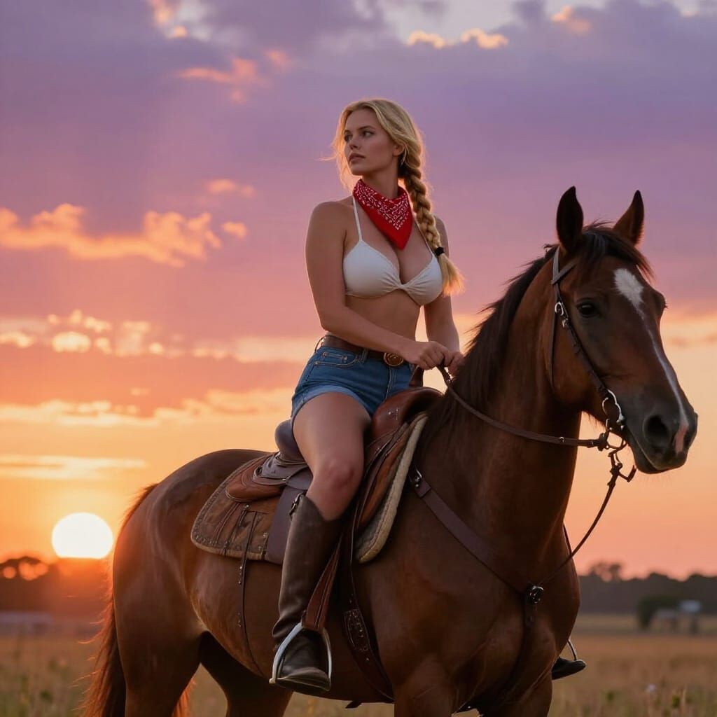 Cowgirl on Horseback at Sunset