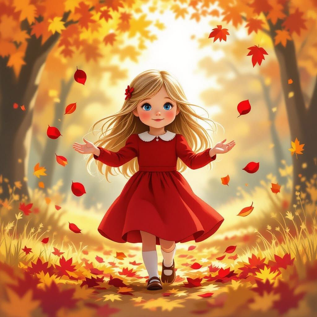 Girl Scattering Rose Petals in Autumn Leaves