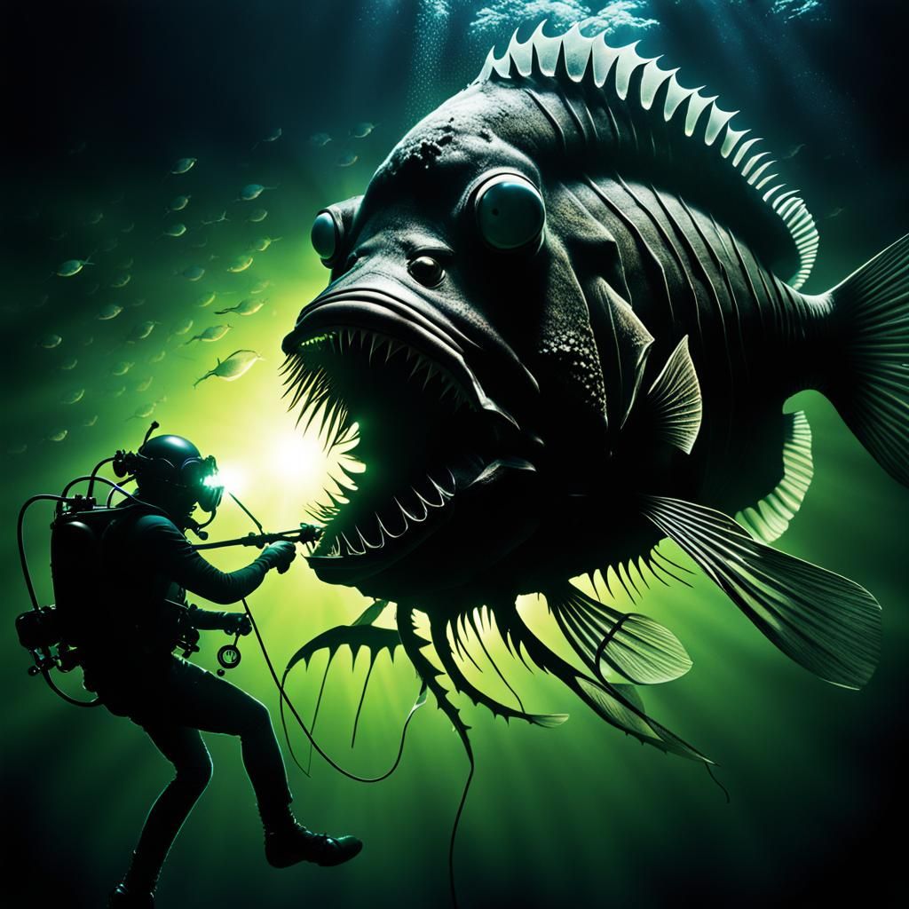Gothic Anglerfish Eats Diver in Deep Sea
