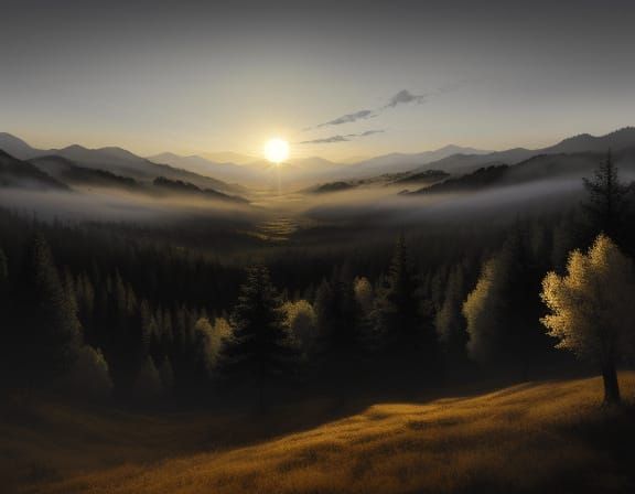 Surreal Sunset Over Forested Hills in Watercolour