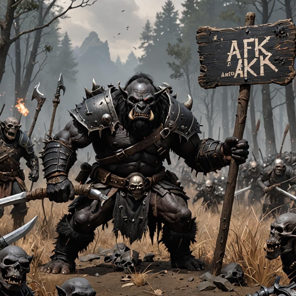 Black Orc on Battlefield Holding AFK Sign
