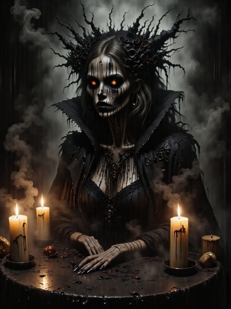 Gothic Horror Ghost Emerges from Smoke in Candlelit Cathedra...