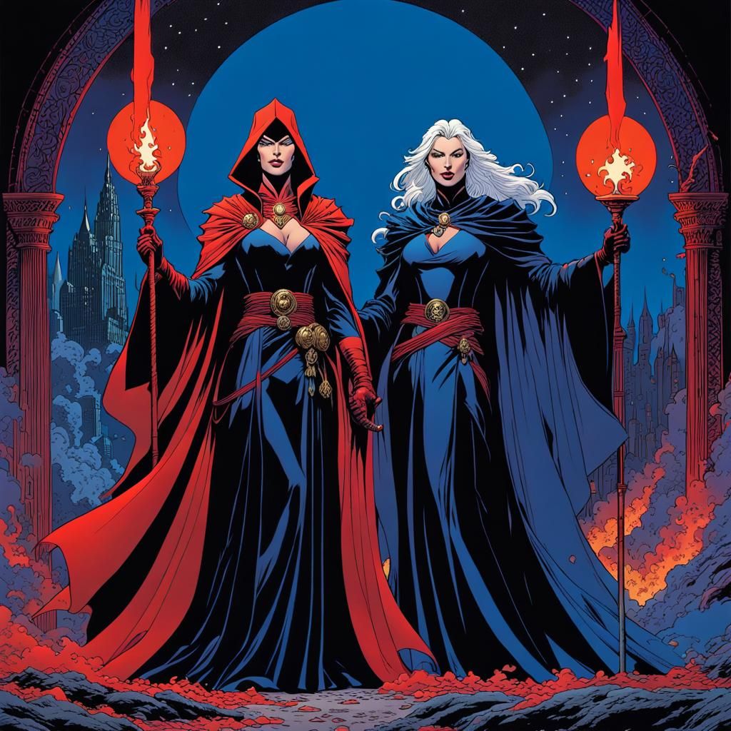 Sorceresses of Good and Evil in Dark Fantasy Style