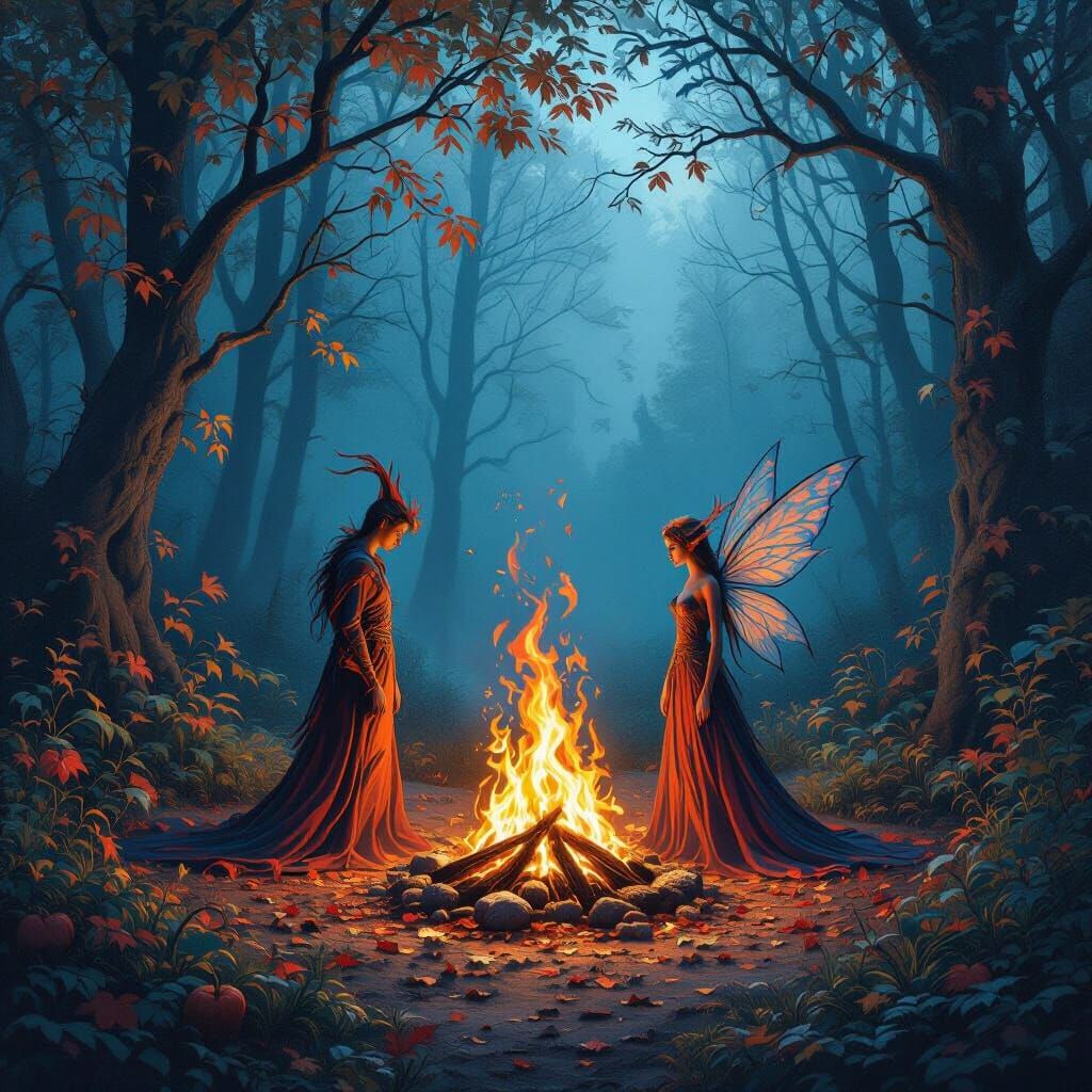 Fairy Bonfire with Flame Beings in Autumn Woods
