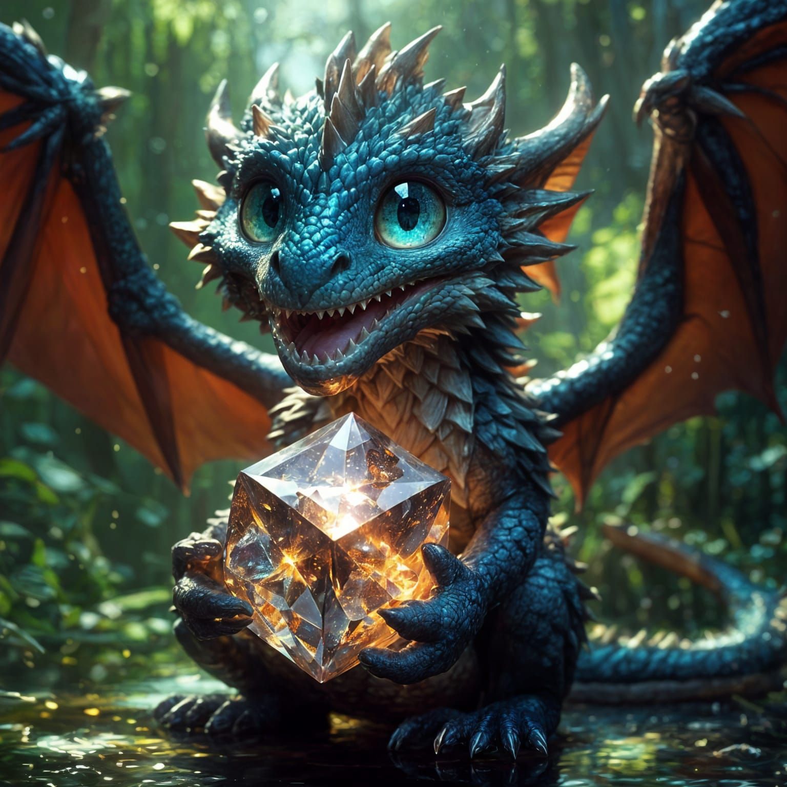 Adorable Dragon with Glowing Crystal Cube, Anime Style