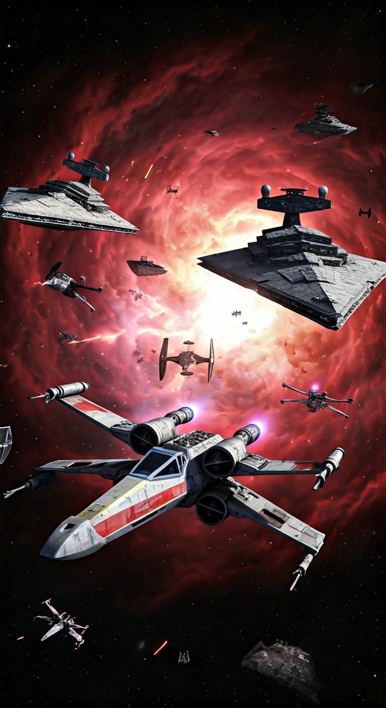 X-Wing Fighters Engage Star Destroyers in Nebula